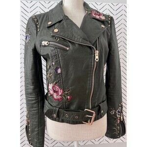 Driftwood Army Green Moto Jacket with Floral Embroidery Studded Size Medium